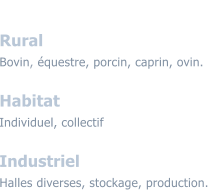 Domaines dactivits Rural Bovin, questre, porcin, caprin, ovin.   Habitat Individuel, collectif  Industriel Halles diverses, stockage, production.